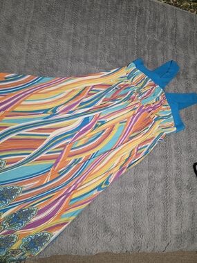 Colorful Jersey Striped Maxi Sundress with Blue Straps